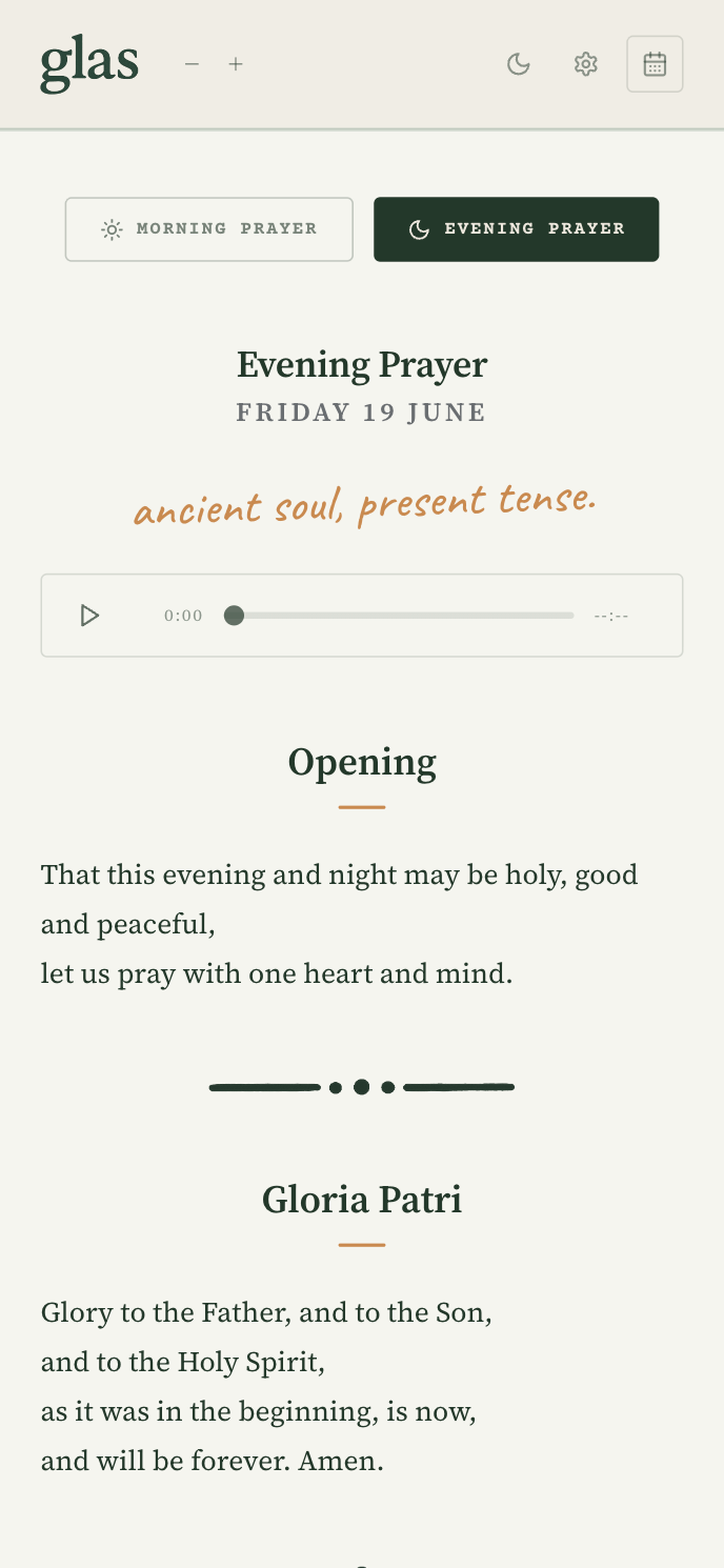 The Glas prayer web-app — evening prayer